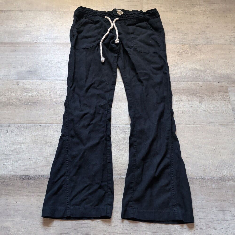 Roxy Women's Black Linen Blend Pull-On Pants Size S Drawstring Beach Casual